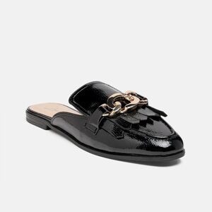 Black Patent Leather Fringe & Chunky Gold Buckle Mules Almond Toe Slides Shoe 8